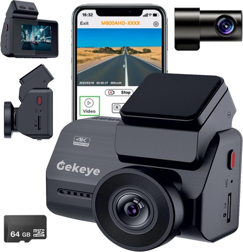Gekeye 4K+1080P Dual Dash Cam w/ WiFi GPS Night Vision + 64GB SD | New Sealed