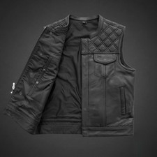 Men's Black Cowhide Leather Biker Vest Quilted Motorcycle Zip Waistcoat Pockets