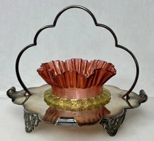 Antique Vaseline Sweetmeats Threaded Glass in Holder  -  95467