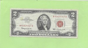 1963 $2  RED SEAL U.S. NOTE  A 0162 5317 A .... 1963 $2  A-A