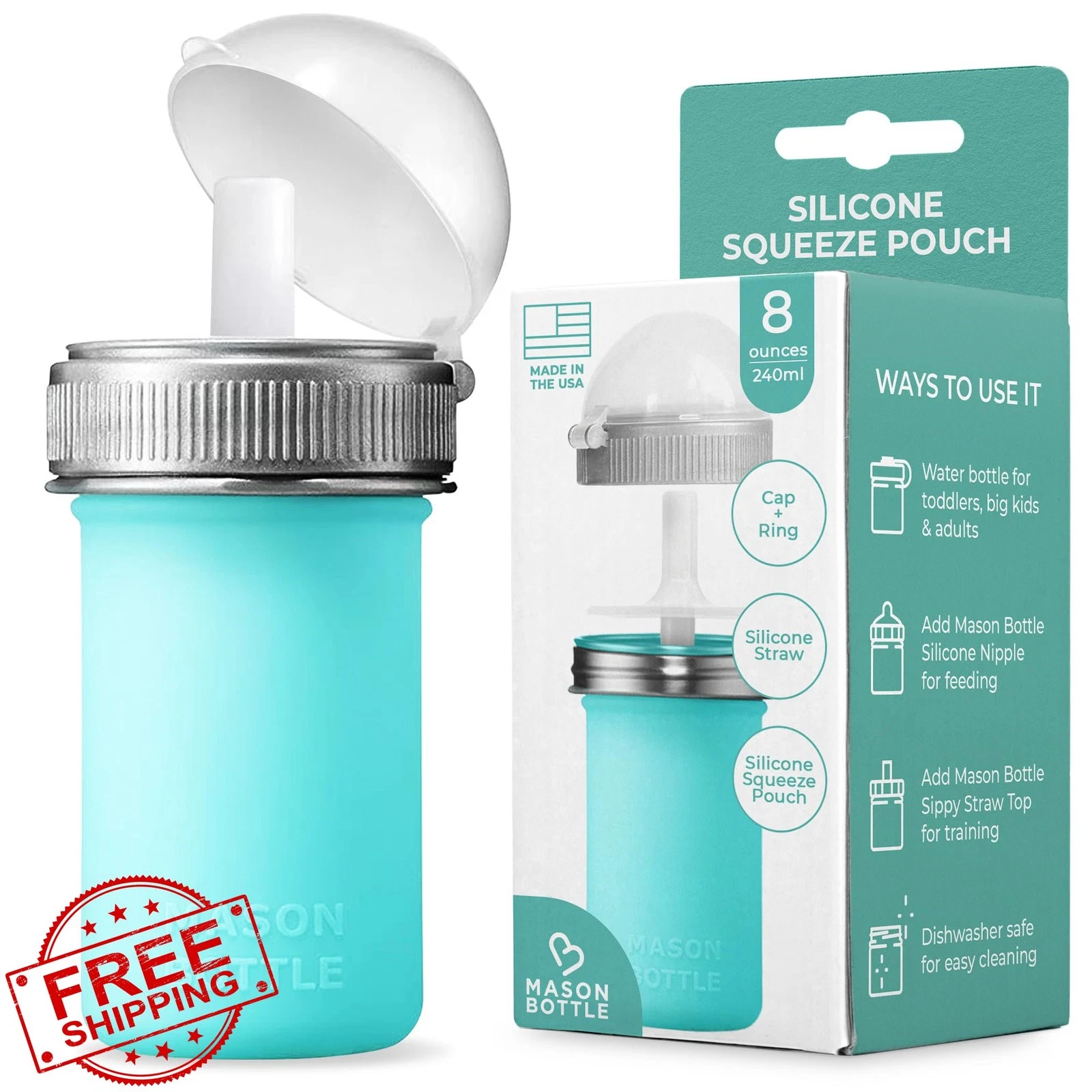 Mason Bottle 8oz Silicone Squeeze Pouch Teal
