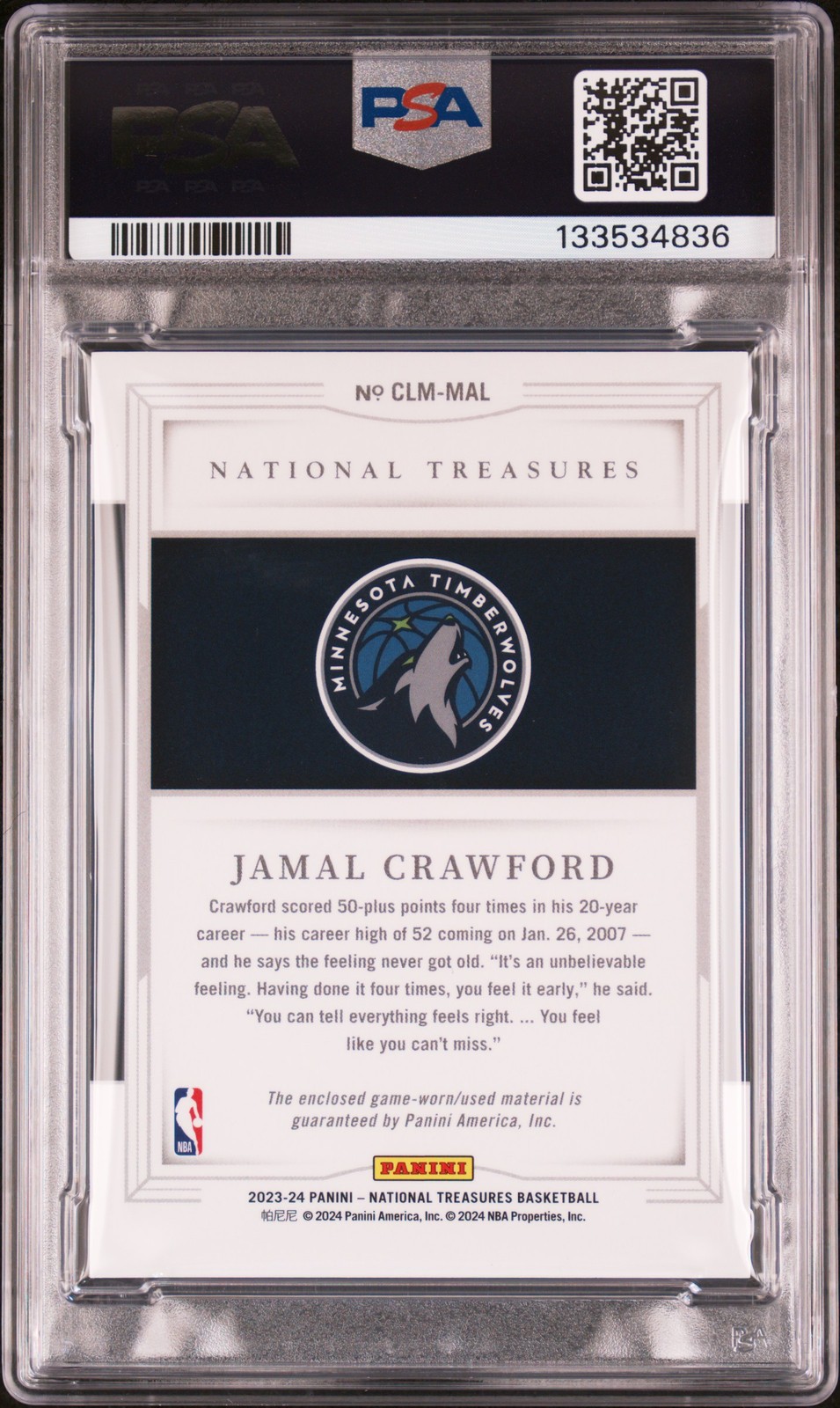 2023 NATIONAL TREASURES COLOSSAL LOGOMAN 1/1 #MAL JAMAL CRAWFORD 1/1 PSA 5 view 2