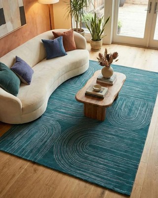 Handmade Wool Dark Teal & Blue Rug, Modern Hand Tufted Rug, Contemporary Carpet