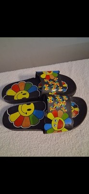 Black Multicolor Smiley Floral Print Slide Sandals Slip On Rubber US 7.5