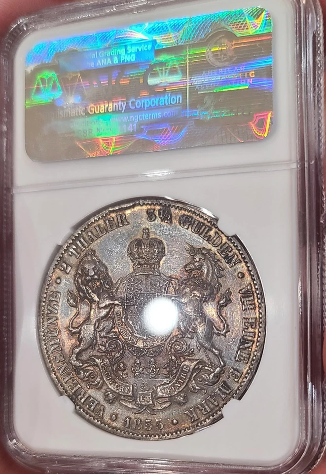 1855 B Alemania Hannover 2 Taler Thaler 3,5 florines NGC XF detalle hermoso tono Foto 2 de 2