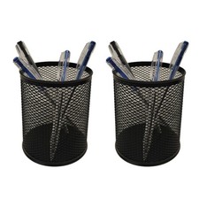 2 Black Mesh Pen Pot Holders Round Desk Tidy Desktop Stationery Organiser 8cm