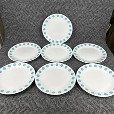 Set Of 7 Vintage Corelle 10.25" Dinner Plates South Beach Turquoise Dot Pattern