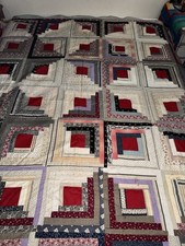 Antique C1900 Handmade Log Cabin Quilt 80" x 80" Nice Old Prints Graphic Pattern