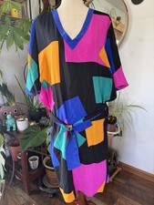 Vtg 80s Flora Kung Advance Silk Geometric Colorblock Dress Batwing Midi 10 Rare