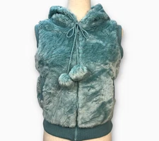 Vintage Y2K Wet Seal Faux Fur Vest Women M Winter Hoodie Plush Zip Pom Poms Cozy