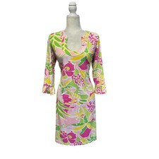 Katherine Way Womens L Abstract Floral Shift Dress Multicolored Resort Stretch
