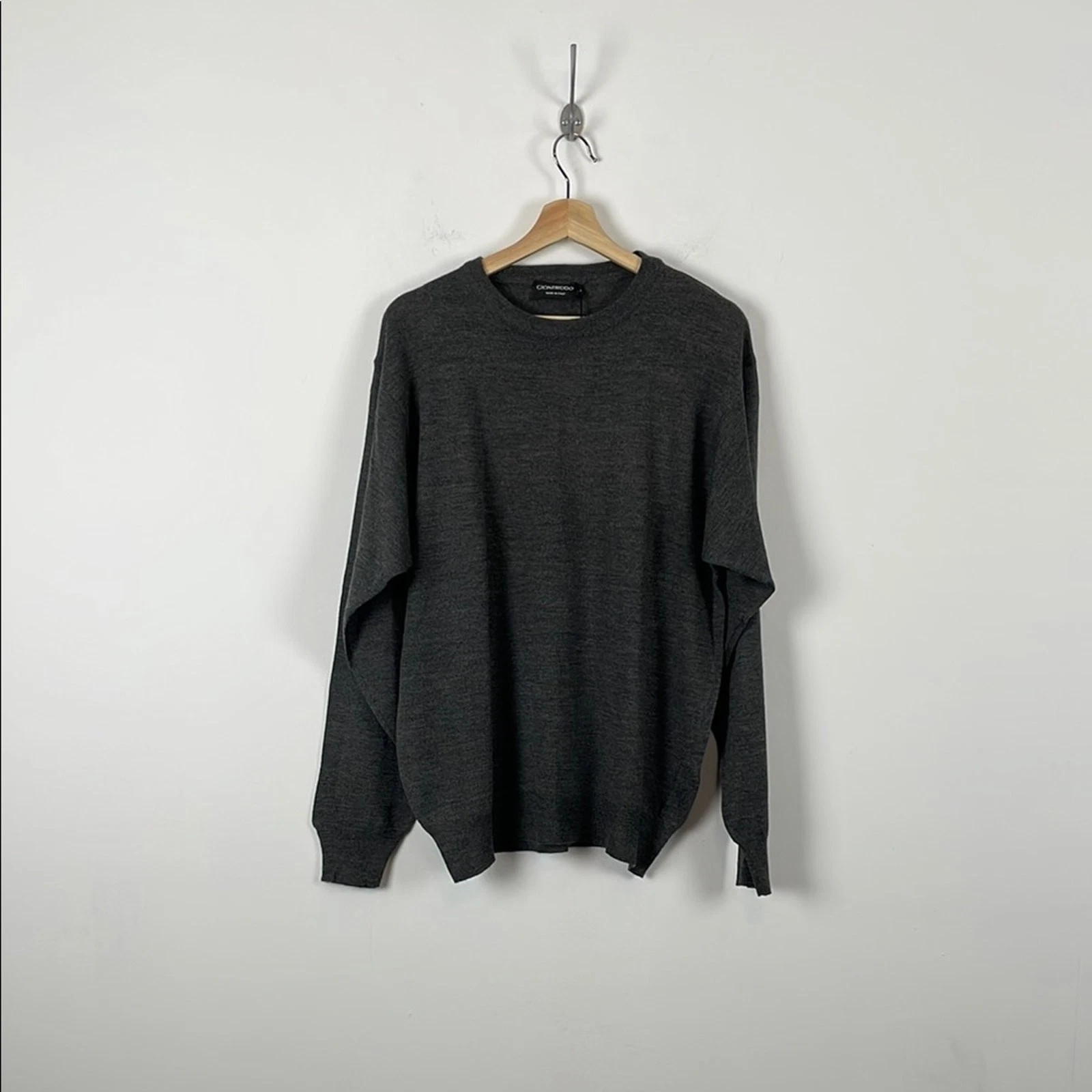 Gionfriddo Merino Wool Blend Men L Crew Neck Pullover Dark Gray Crewneck Sweater