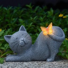 Cute Solar Cat Garden Statue with Lighted Butterfly, Outdoor Waterproof Resin...