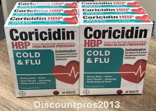 Coricidin HBP Cold & Flu Relief 10 Tablets (Pack of 3 or Pack of 6)