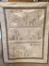 Quilted Baby Blanket Wall Hanging With Embroidered Animals Gray And White