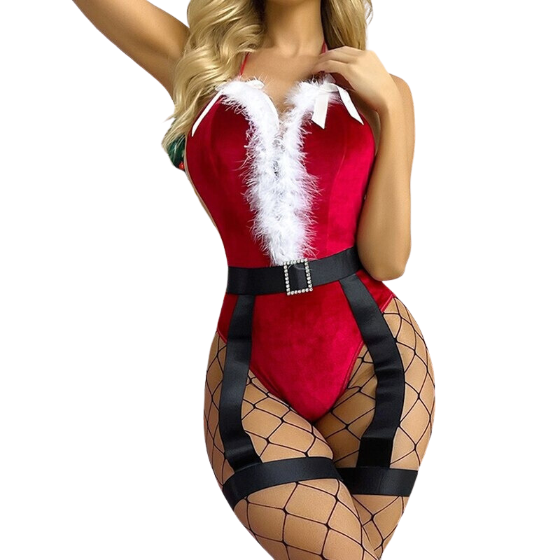 Christmas Bodysuit Woman Halter Feather Body Velvet Outfits Red Costume-image