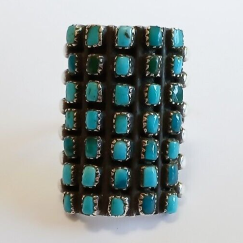 VINTAGE BEAUTY ZUNI INDIAN SILVER MULTI STONE SQUARE TURQUOISE RING SIZE 5 - Picture 1 of 5