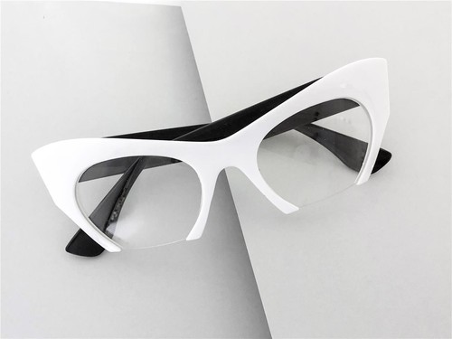 RETRO Cat Eye Style HALF CUT OFF Clear Lens EYEGLASSES White Frame Black Temples - Picture 4 of 6