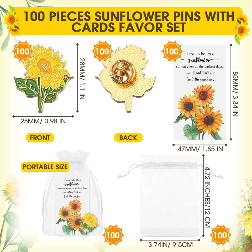 Gold Yellow Sunflower Brooch Pins with Sunflower Thank You Cards and Mesh Dra... - Image 2 of 4