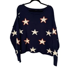 Blank Paige Long Sleeve Sweater Navy Blue with White Orange Stars Medium