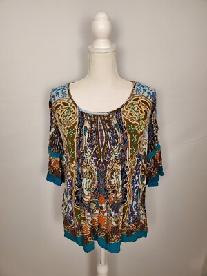 Bila Brown & Teal Colorful Patterned Boho Top Crochet Trim Women's Size Medium.