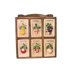 Vintage Ceramic Spice Rack Wall Mount Kitchen Decor 6 Jars Fruit Design