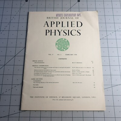 British Journal of Applied Physics Vol 9 No 2 February 1958 PB Book