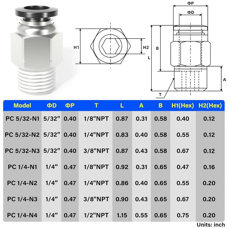 Compact Push-to-Connect Fittings, 1/4" OD x 1/8" NPT, Works with PU/PA/PE/PVC - Image 4 of 4
