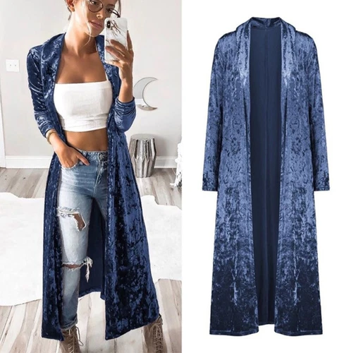 Cárdigan largo de terciopelo para mujer Kimono frente abierto chaqueta abrigo ropa exterior - Imagen 9 de 12