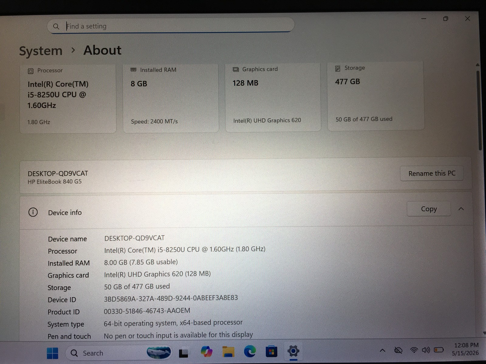 HP Elitebook 840, 14-Inch Laptop, with Intel Core i5 8th Gen., Windows 11 Pro