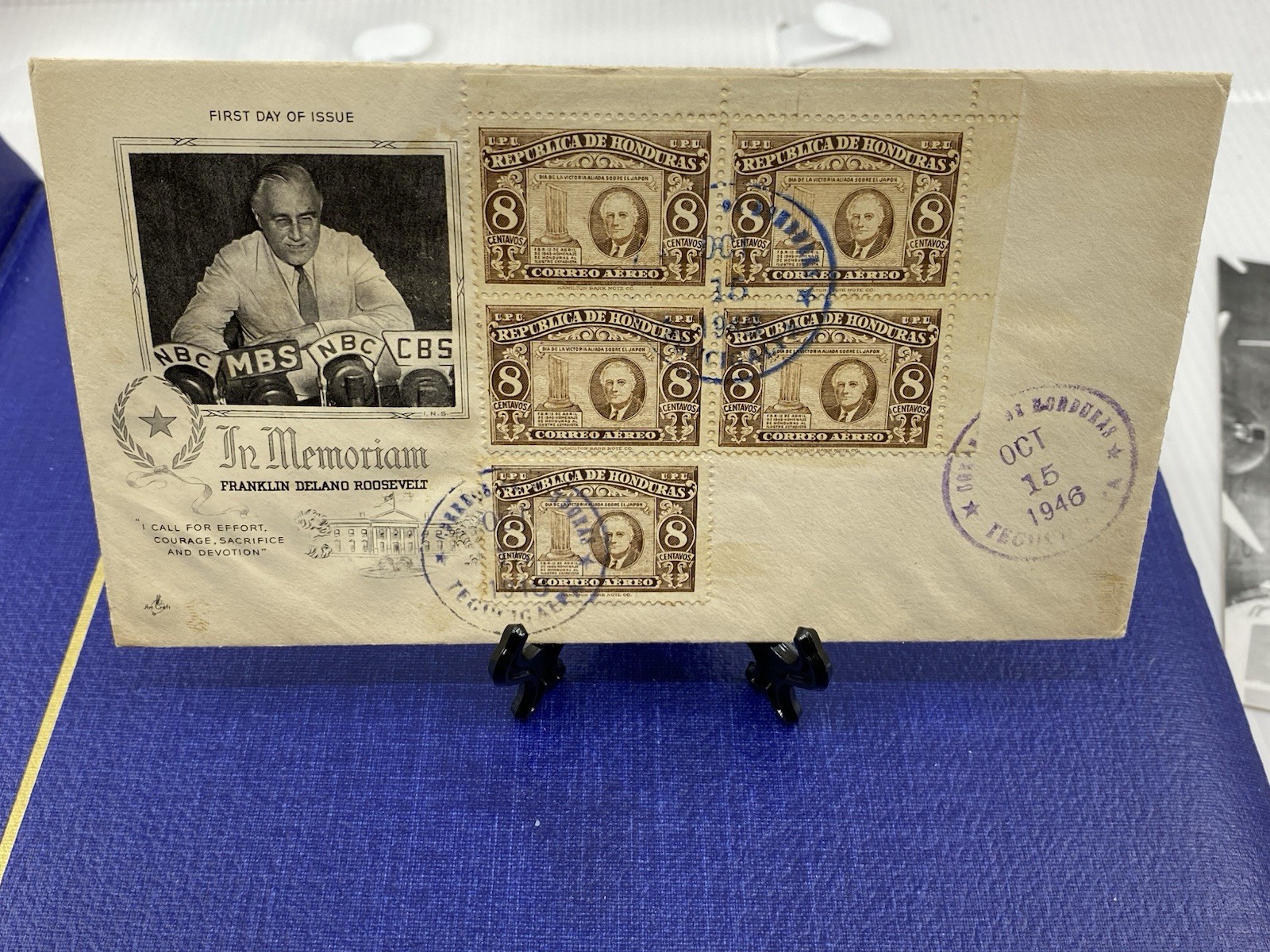 1946 HONDURAS FDC FDR ROOSEVELT BLOCK ARTCRAFT CACHET