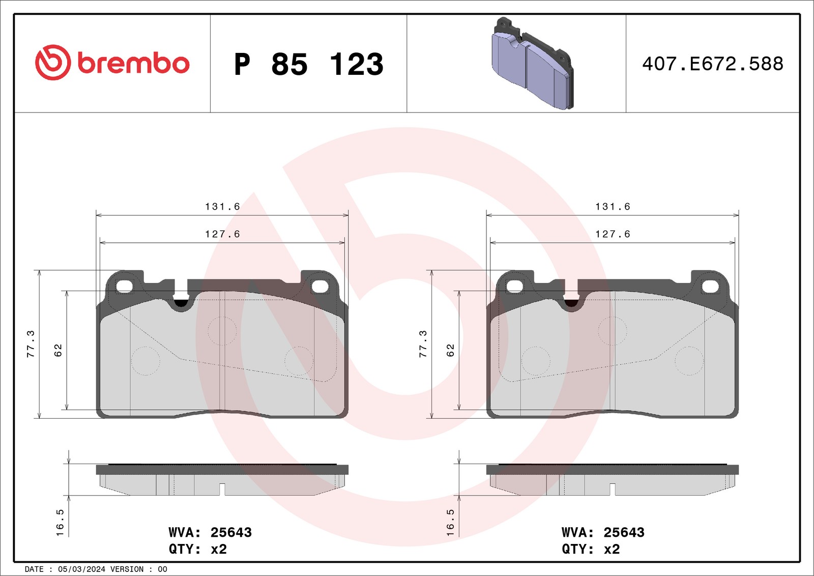 Fits BREMBO P 85 123 HAM PADS. FRONT AUDI Q5 12- FRONT