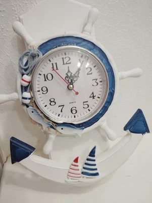 Silent Wall Clock Mediterranean Style Anchor Decor Nautical Ship Wheel Clock. - Image 1 of 4