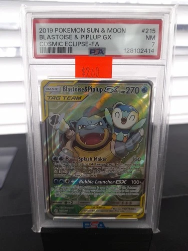 2019 Pokemon Sun & Moon Cosmic Eclipse Blastoise & Piplup GX 215/236 #215 PSA 7