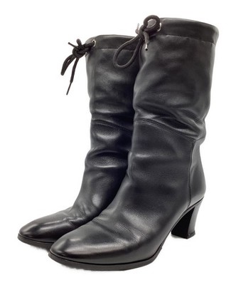 GUCCI Boots Heel Long Leather Black EU37 US6.5 Japan F/S USED