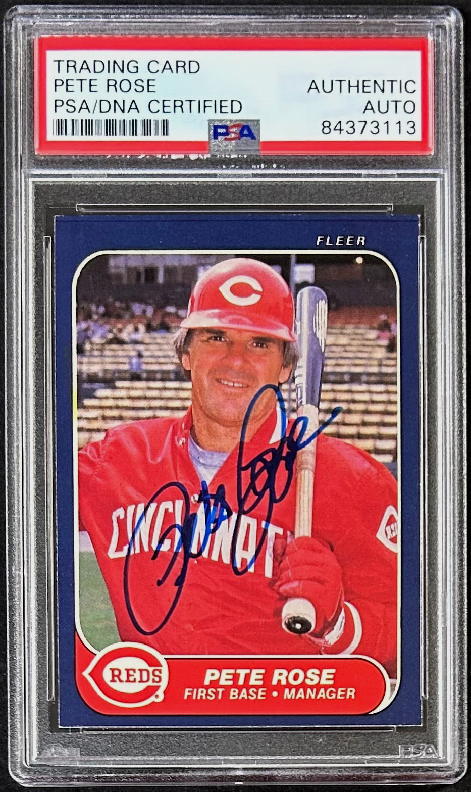 Pete Rose Signed 1986 Fleer Card #191 PSA/DNA 84373113 Cincinnati Reds