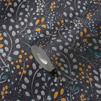 Tapete Mit Floralem & Abstrakten Muster Matt – Schwarz, Gelb, Blau
