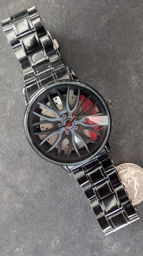 Men’s Black Car Wheel Dial Watch Racing Rotor Design Metal Band Quartz ...