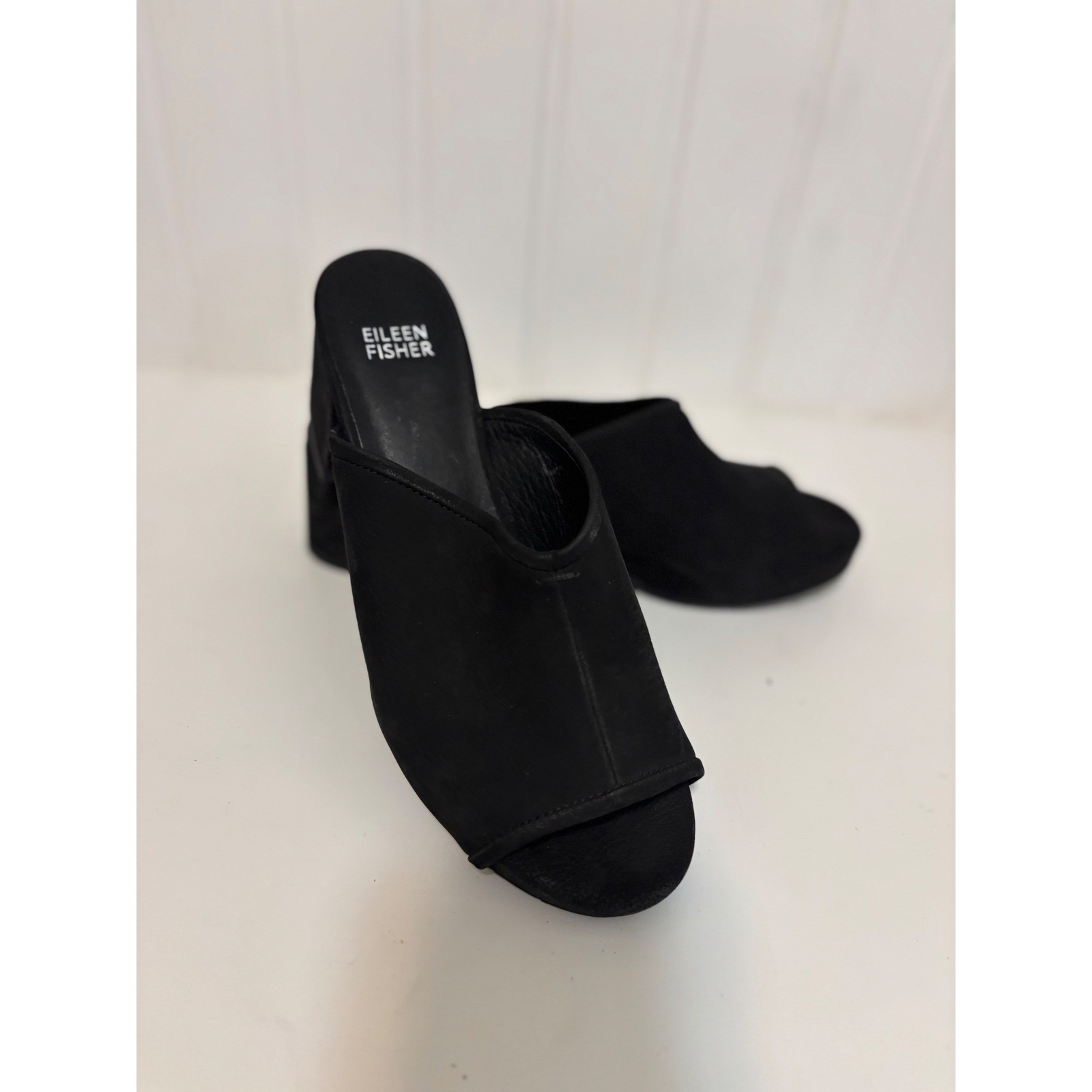 Eileen Fisher Black Suede Block Heel Mules Open Toe Slip On Women's Shoes