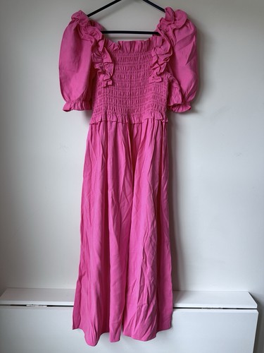 Yas Pink Summer Dress with Romantic Ruffled Size S Puff Sleeve Smoked Breast - Picture 2 of 7