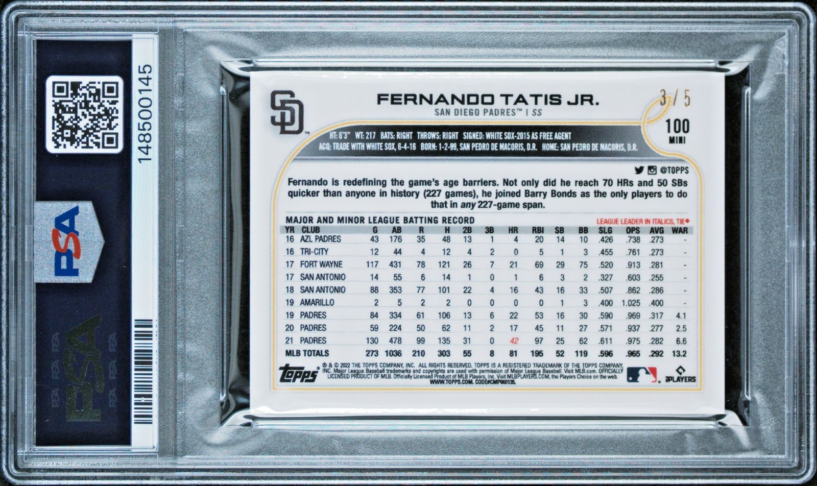 💎2022 Topps Mini Red /5 #100 Fernando Tatis Jr. San Diego Padres PSA 10💎 view 2
