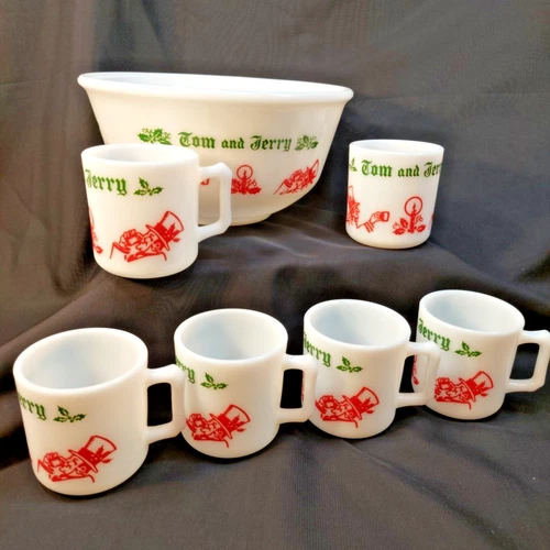 Hazel Atlas Tom & Jerry White Milk Glass 9" Bowl Mugs Set 6 Cups 1950's Vtg XMas