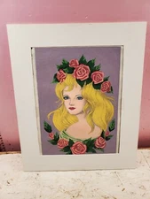 Vintage Liquid Embroidery Painting Framed 19x23 Blonde Girl Woman Princess Roses