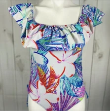 TiniBikini Tropical Palm One Piece Swimsuit-Small-Ruffle Neck-Lace Up Sides-NEW