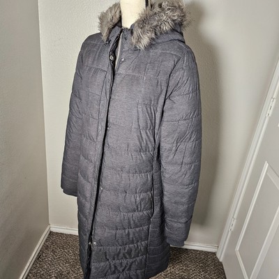 Express Puffer Jacket Women's Size L Faux Fur Trim Hood Ribbed