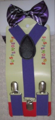Kids Boys Girls Purple Stripes Adj Pre-Tied Bow Tie&Purple Adj Y-Back Suspenders
