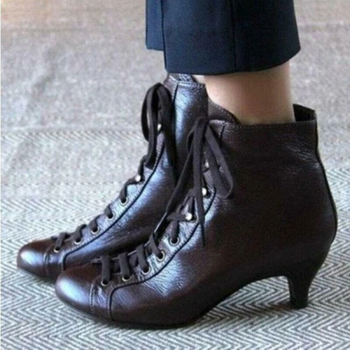 Botines de tacón bajo de gatito victoriano retro con cordones para mujeres damas zapatos formales - Imagen 1 de 12