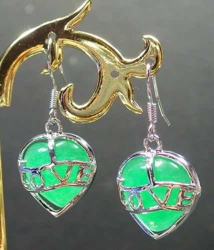 Genuine Green Jade Love Heart Yellow White Gold Plated Luck Hook Dangle Earrings - Picture 8 of 14