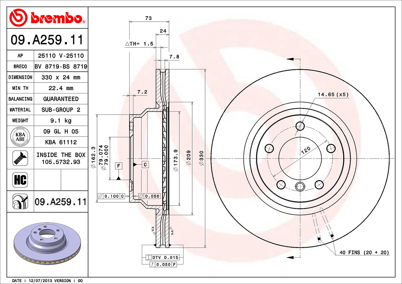 Brembo Front Left or Right Coated 330mm Disc Brake Rotor For BMW E90