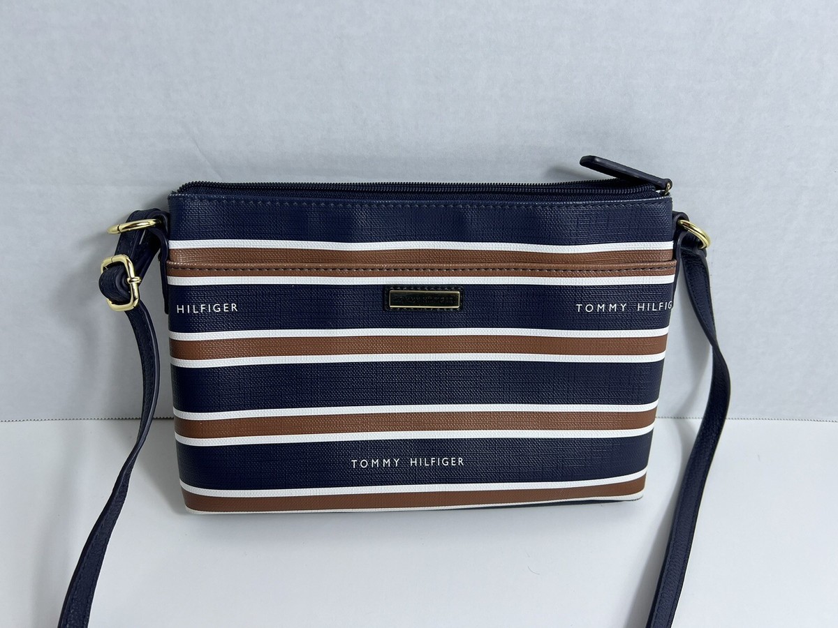 Tommy Hilfiger Handbag Purse Crossbody Small Synthetic Leather Navy Brown  White